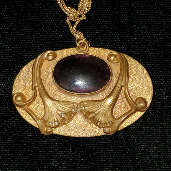 Art Nouveau Plated Cabochon Glass Necklace Antique Converted Brooch 18in - Picture 10 of 13